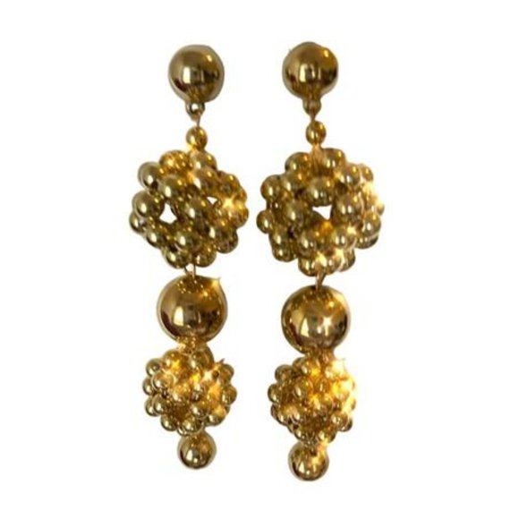 Vintage Long Gold Drop Earrings Flower Ball Cluster Large Tassel Dangle Earrings - Picture 1 of 7